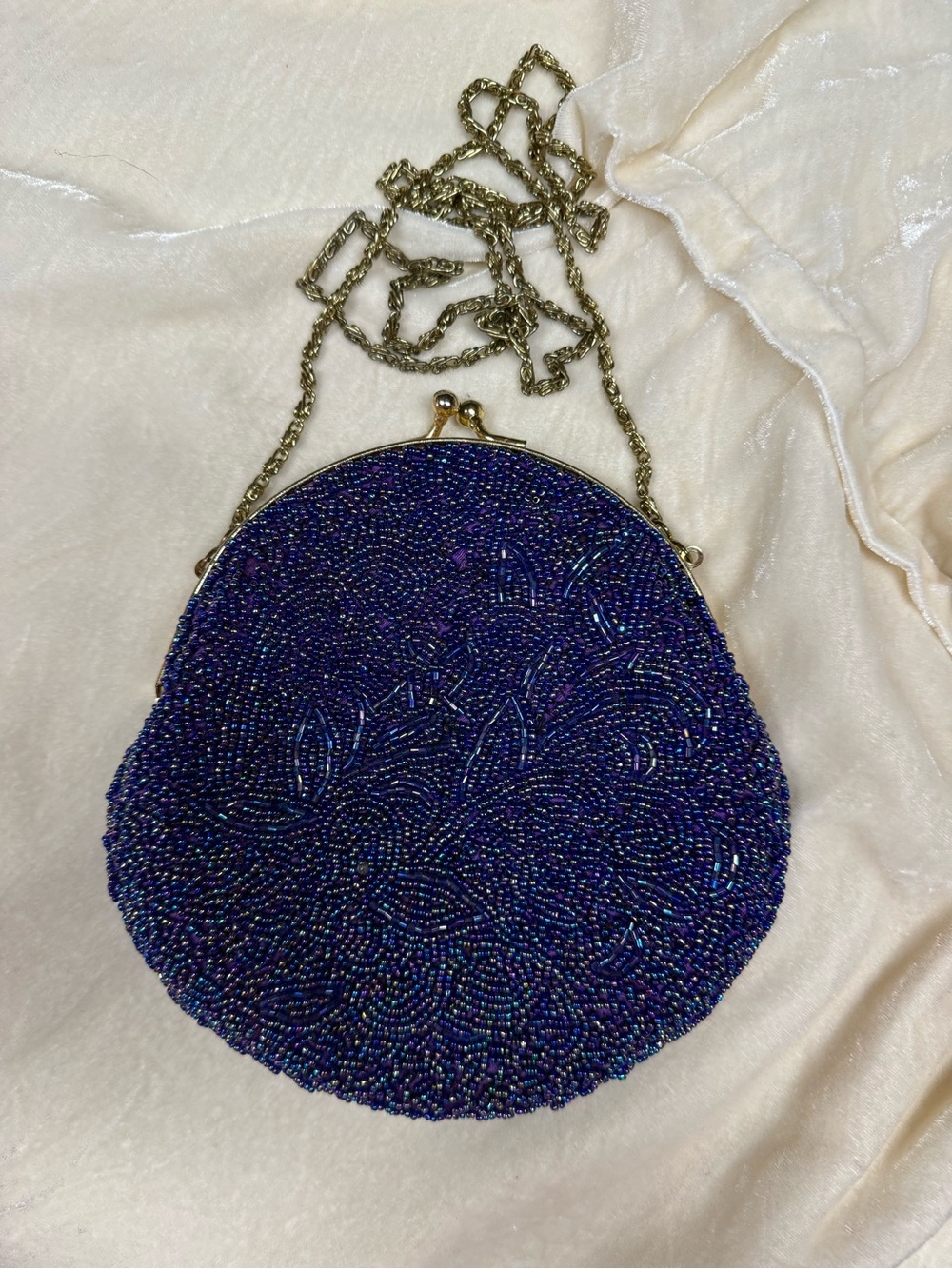 Vintage 80s Beaded Round Evening Clutch - Iridescent Blueish Purple approx 7”